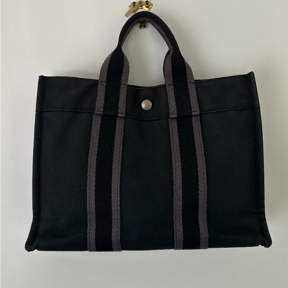 SOLD - Hermès Herline Tote PM in faded black canvas with grey stripes